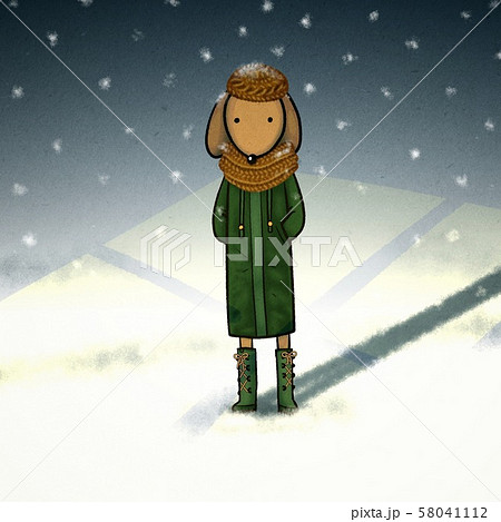 雪の日に冬服で会いに来る犬さんのイラスト 58041112