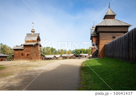 Traditional Siberian wooden house in the Taltsy Architectural-Ethnographic Museum. 58041437