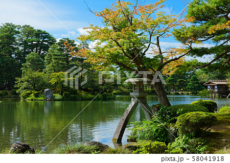 兼六園 徽軫灯籠と霞ケ池に映える景観 兼六園 徽軫灯籠と霞ケ池に映える景観 58041918