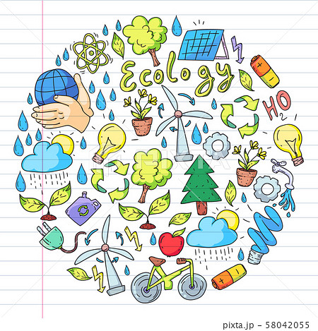 Vector logo, design and badge in trendy drawing style - zero waste concept, recycle and reuse 58042055