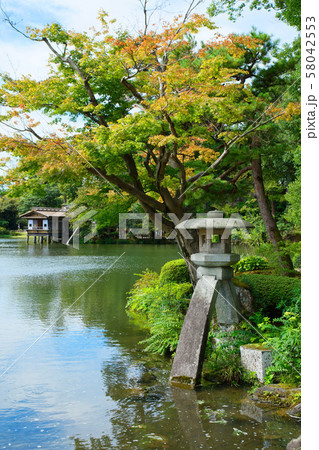 兼六園　徽軫灯籠と霞ケ池に映える景観 58042553