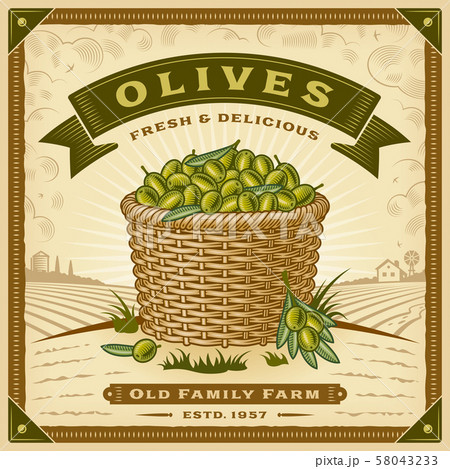 Retro olive harvest label with landscape 58043233