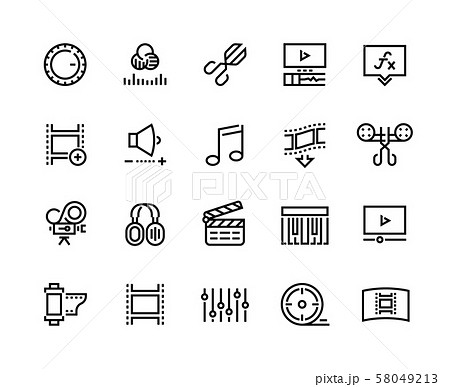 Video production line icons. Editing color grading adding special effects, animation music and movie 58049213
