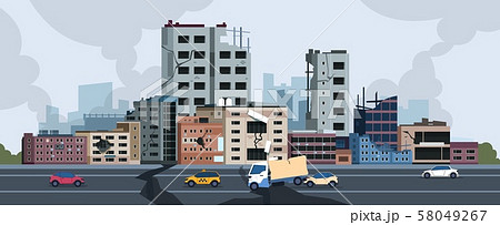 City earthquake. Cartoon natural disaster landscape with cracks and damages on buildings and ground 58049267