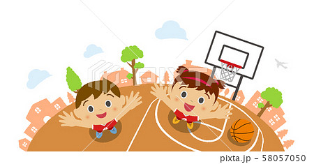 上から見た 俯瞰 子供 男の子 女の子 イラスト バスケットボール スポーツのイラスト素材