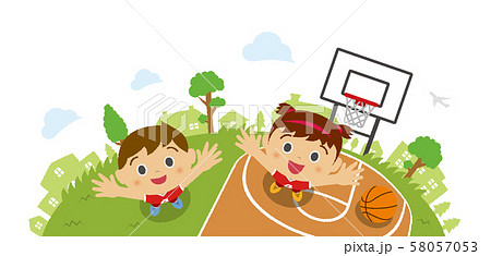上から見た 俯瞰 子供 男の子 女の子 イラスト バスケットボール