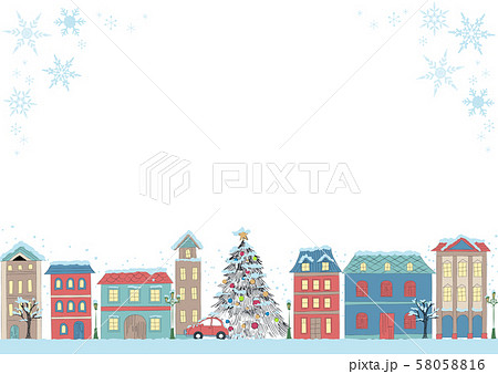 手書き画 クリスマス 町並み 白背景 横長のイラスト素材