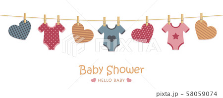 baby shower welcome greeting card for childbirth with hanging hearts and bodysuits 58059074