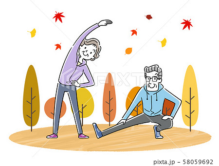イラスト素材 運動 スポーツの秋 体操をするシニア夫婦のイラスト素材
