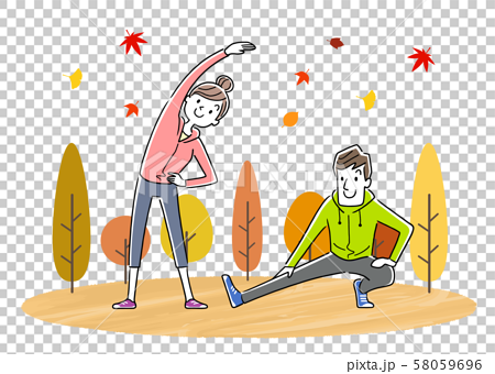 イラスト素材 運動 スポーツの秋 体操をする若い夫婦のイラスト素材