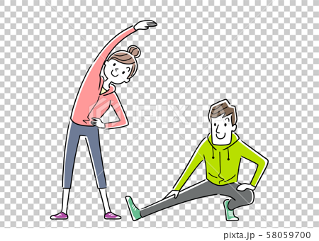 イラスト素材 運動 スポーツ 体操をする若い夫婦のイラスト素材