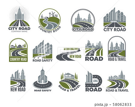Monochrome big set of logotypes template with asphalt roads, expressway or highway 58062833