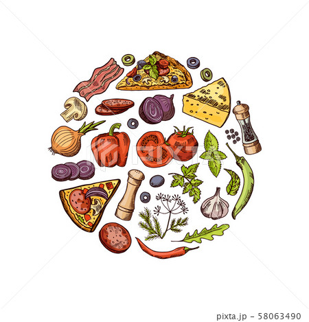 Vector sketched and colored italian pizza elements circle concept Vector sketched and colored italian pizza elements circle concept 58063490