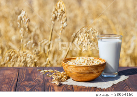 vegan oat milk and oatmeal 58064160