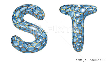 Realistic 3D letters set S, T made of gold shining metal letters. 58064488