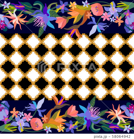 Seamless pattern with flowers, chains and checks. Seamless pattern with flowers, chains and checks. 58064942