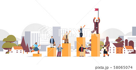 businesspeople climbing financial bar graph businessman with flag on top of career ladder win businesspeople climbing financial bar graph businessman with flag on top of career ladder win 58065074