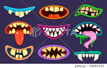 Monster mouth. Cute scary goblin, gremlin and aliens mouths with tongue and teeth. Halloween trolls 58065355