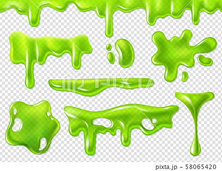 Green slime. Slimy purulent blots, goo splashes and mucus smudges. Realistic halloween elements Green slime. Slimy purulent blots, goo splashes and mucus smudges. Realistic halloween elements 58065420