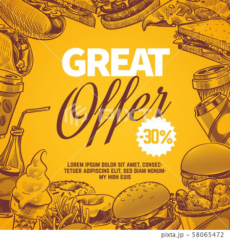 Fast food sketch. Hot dog, ice cream and cola, coffee and hamburger, donuts and fries vector hand 58065472