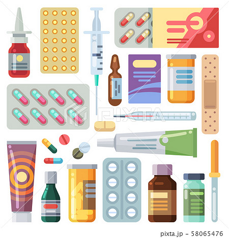Flat pills. Medicine cartoon drugs, tablets and antibiotics. Medication dose, vitamin capsules icons 58065476