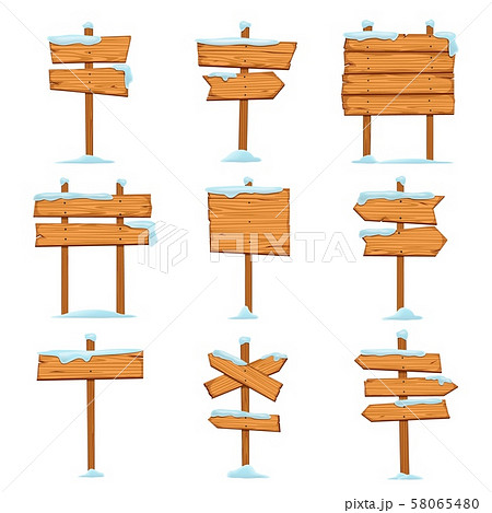 Cartoon snowed sign boards. Blank Christmas wooden signpost with snowcap. Direction street arrows Cartoon snowed sign boards. Blank Christmas wooden signpost with snowcap. Direction street arrows 58065480