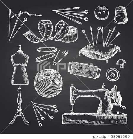 Vector set of hand drawn sewing elements on black chalkboard illustration 58065599