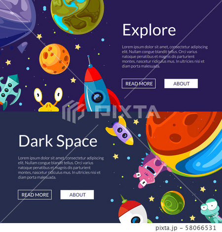 Vector web banners illustration with cartoon space planets and ships Vector web banners illustration with cartoon space planets and ships 58066531
