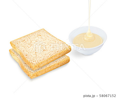 Bread with pouring condensed milk in cup on white background. Bread with pouring condensed milk in cup on white background. 58067152