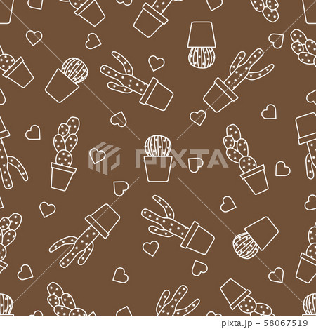 Seamless pattern with cactus, succulents, hearts 58067519