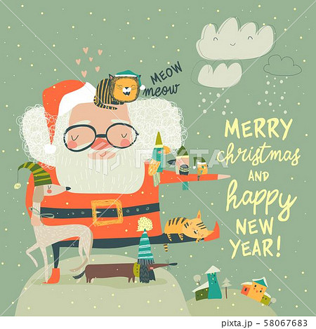 Santa Claus with cute cats and dogs Santa Claus with cute cats and dogs 58067683