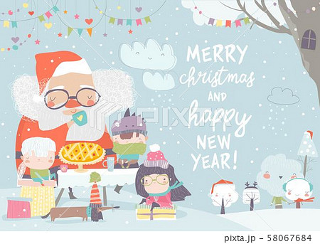 Santa Claus drinking tea with happy children 58067684