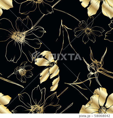 Vector Cosmos floral botanical flowers. Black and white engraved ink art. Seamless background 58068042
