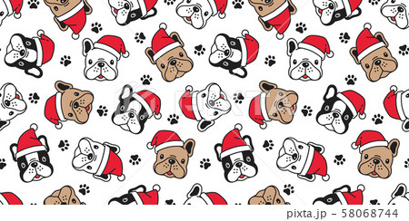 dog seamless pattern Christmas vector french bulldog paw Santa Claus hat footprint scarf isolated cartoon repeat background tile wallpaper illustration design 58068744