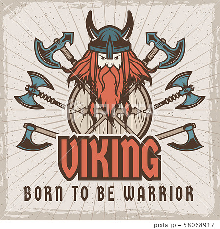 Poster with barbarian warrior with weapons. Template with place for your text Poster with barbarian warrior with weapons. Template with place for your text 58068917