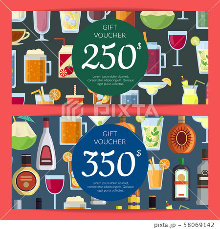 Vector gift voucher or discount card template with alcoholic drinks in glasses and bottles in flat 58069142