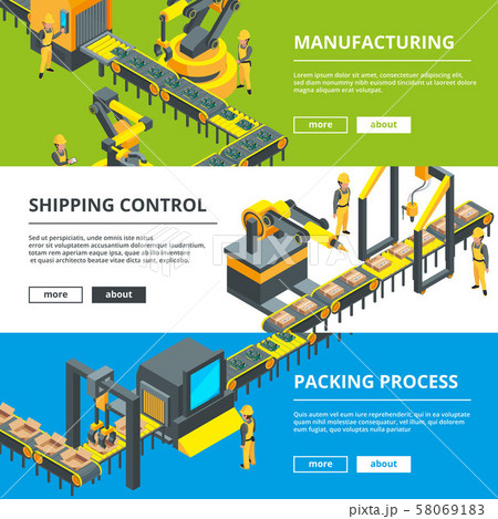 Automated industry line. Manufacturing production. Vector horizontal banners Automated industry line. Manufacturing production. Vector horizontal banners 58069183