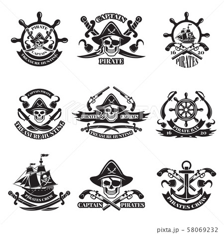 Monochrome pictures of pirate labels. Illustration of military ships, skull and guns 58069232