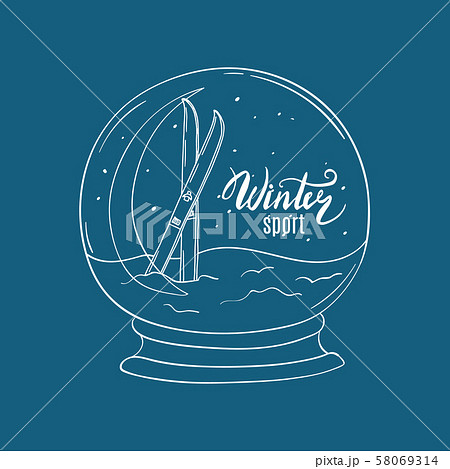 Vector hand drawn snowball with skis in snow 58069314