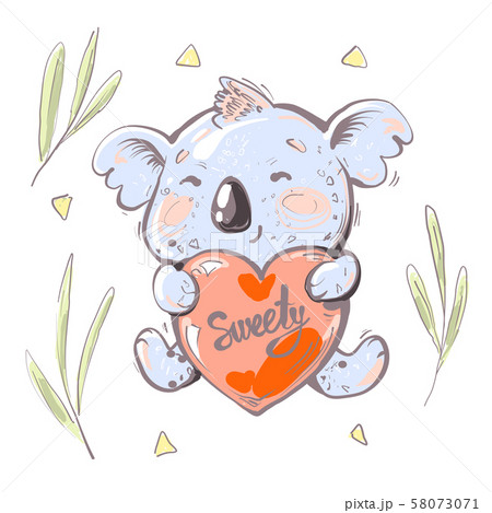 Cute baby Koala Bear holding red heart with word sweety, eucaliptus leaves 58073071