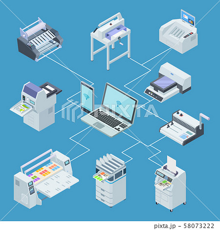 Modern printing house equipment. Printer plotter, offset cutting machines isometric vector concept 58073222