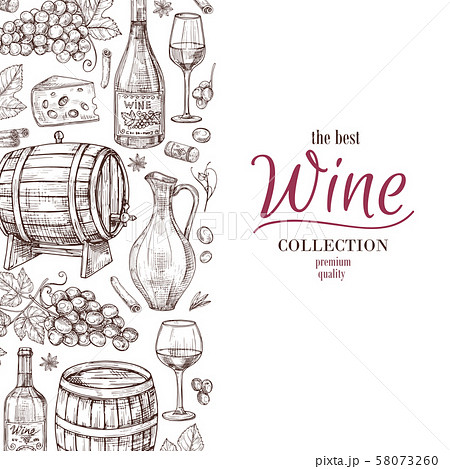 Hand drawn wine background. Wine bottles wineglass cask and grape border. Winery, restaurant vector 58073260