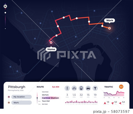 Navigation map. Gps city navigator ui with mapping route, tracking street plan. Roadmap app vector 58073597