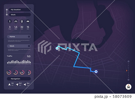 Navigation map. Gps mobile interface with route on city street and location pins. App roadmap 58073609