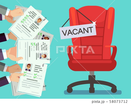 Hands holds CV forms and office chair with vacancy plate 58073712