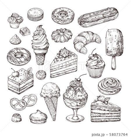 Sketch dessert. Cake, pastry and ice cream, apple strudel and muffin in vintage engraving style 58073764