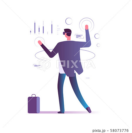 Virtual augmented reality business concept. Man with vr gadgets manages e-account. Future banking Virtual augmented reality business concept. Man with vr gadgets manages e-account. Future banking 58073776