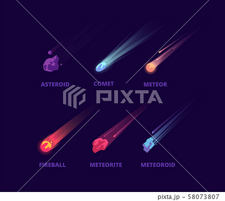 Comet asteroid and meteorite. Cartoon space objects. Atmospheric fireballs vector set Comet asteroid and meteorite. Cartoon space objects. Atmospheric fireballs vector set 58073807