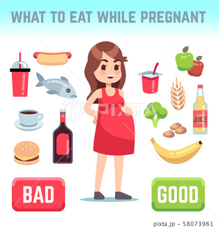 Pregnant woman dieting. Bad and good food during pregnancy. Pregnant family diet vector infographic Pregnant woman dieting. Bad and good food during pregnancy. Pregnant family diet vector infographic 58073961