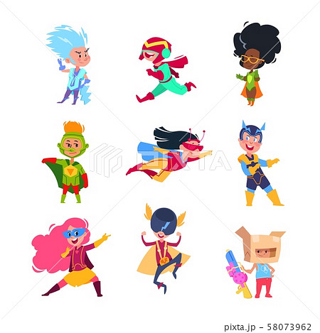 Superhero kids. Children wearing in superheroes costumes. Carton cosplay vector characters set 58073962